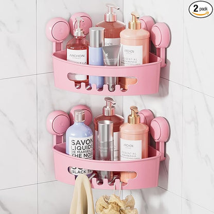 LEVERLOC Corner Shower Caddy Suction Cup, shower shelves suction cup, 2 Pack Basket Powerful Bathroom, Waterproof & Oil-proof Organizer for Kitchen, No-Drilling Removable (Pink)