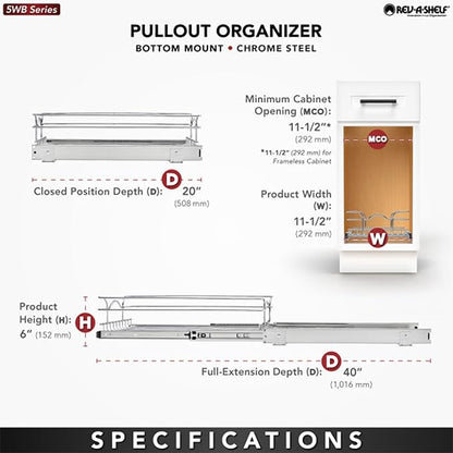 Rev-A-Shelf Kitchen Cabinet Pullout Shelf and Drawer Organizer Slide Out Pantry Storage Basket in Multiple Sizes, 12 x 20 In, 5WB1-1220CR-1