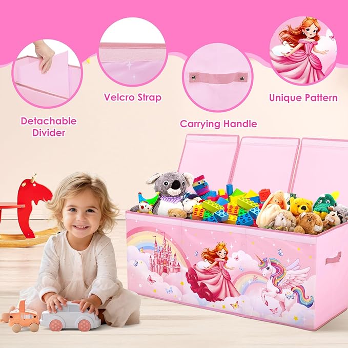 Toy Storage Bin with Lids,Extra Large Toy Box Chest with Handles for Kids Boys Girls,Collapsible Storage Organizer Box Bin Basket for Bedroom,Playroom, Nursery,37.8"x12.6" x15.7",Princess Unicorn