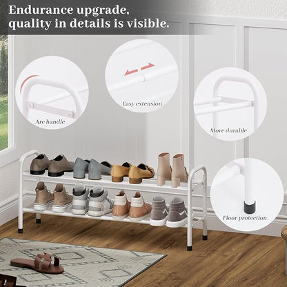Expandable Shoe Rack, 2-Tier Metal Small Shoe Rack, Adjustable Shoes Organizer, Storage Shelf for Closet, Entryway, White