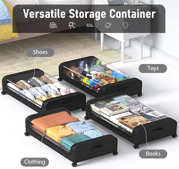 Under Bed Storage with Wheels,2 Pack Rolling Under bed Organizer Drawer with Clear Lids and Handles,UnderBed Storage Containers,Under Bed Organizer Bins for Clothes (Arc-shaped,Black)
