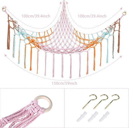 Stuffed Animal Hammock Corner, Hand-knitted Large Plushie Net Toy Hammock with Wooden Rings | Boho Cute Stuff Animal Storage for Nursery & Bedroom | Mesh Kids Toy Organizer Holder Nursery Room Decor