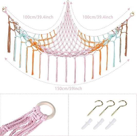 Stuffed Animal Hammock Corner, Hand-knitted Large Plushie Net Toy Hammock with Wooden Rings | Boho Cute Stuff Animal Storage for Nursery & Bedroom | Mesh Kids Toy Organizer Holder Nursery Room Decor