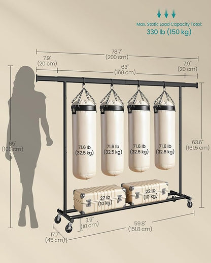 SONGMICS Clothes Rack with Wheels, Heavy-Duty Clothing Rack for Hanging Clothes, Portable, 17.7 x (63-78.7) x 63.6 Inches, with Extendable Hanging Rail, 330 lb Load Capacity, Black UHSR175B01
