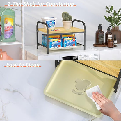 2-in-1 Laundry Detergent Holder & Organizer with Drip Tray, 2-Tier Metal Shelf for Countertop - Soap Dispenser & Storage Stand for Laundry Room, Kitchen, Bathroom, Black