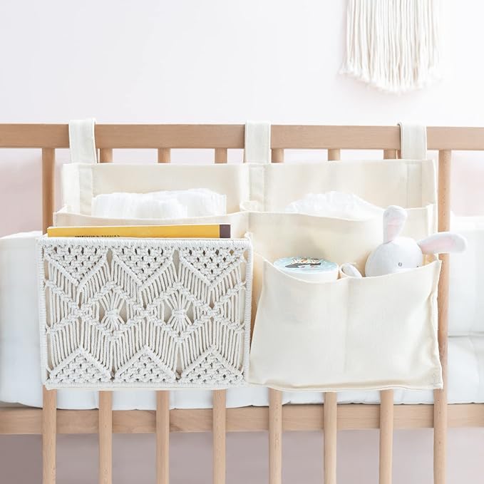 Mkono Bedside Caddy Hanging Organizer, Bunk Woven 7 Pockets Bed Storage Bag Boho Remote Magazine Books Holder with Macrame for Loft Bed College Dorm Bedroom Baby Bed Rails, Ivory