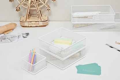 Annova Mesh Stackable Drawer Cabinet and Shelf Organizer Bins Storage Basket School Office Supply Holder Tray- Set of 2 (White, 6x15x2 Inch)