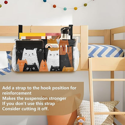 CuwrYet Bedside Caddy Hanging Bunk Bed Caddy Bed Organizer Hanging Pocket with 2 Hooks Bedside Storage Organizer Pocket Bag Holder Black and White Orange Cat