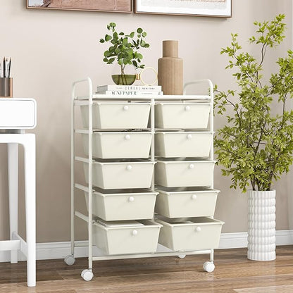 GOFLAME 10-Drawer Rolling Storage Cart, Art Craft Storage Organizer on Wheels, Multipurpose Movable Utility Cart for School, Office and Home, Ivory