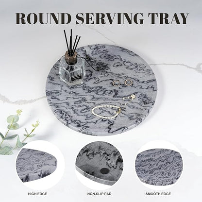 Natural Marble Tray, 11.8in Serving Tray for Fruit, Round Decorative Vanity Dish for Jewelry&Key, Quality Storage Plate for Kitchen Coffee Table and Bathroom Desktop, Monte Grigio