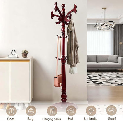 73”Vintage Wooden Coat Rack，With 14 Hooks and Sturdy Round Base.Sturdy and Durable Standing Coat Racks，Adjustable Wooden Freestanding Coat Rack for Porch，Bedrooms (Mahogany) (fishtail, 1 PCS)
