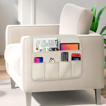 WETRBWEH Remote Control Holder for Armchair，Couch Caddy Organizer TV Remote Holder for Bed Storage 5 Pockets，Remote Caddy Bedside Organizer Bedside Table Organizer (Beige, 35''x18'')