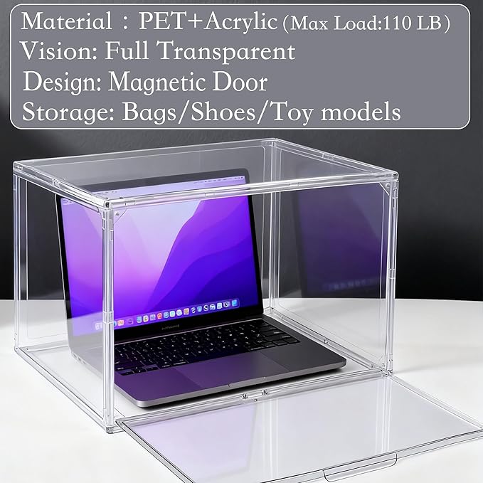 Extra XXX-Large Acrylic Display Case 17.3''x13''x13'' Super Large Figures Collectibles Helmet Showcase Tall Boot Shoe Boxes Clear Stackable Huge Storage Box with Magnetic Lid, 1 Pack with 2 Shoe Bags