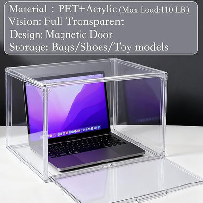 Extra XXX-Large Acrylic Display Case 17.3''x13''x13'' Super Large Figures Collectibles Helmet Showcase Tall Boot Shoe Boxes Clear Stackable Huge Storage Box with Magnetic Lid, 1 Pack with 2 Shoe Bags