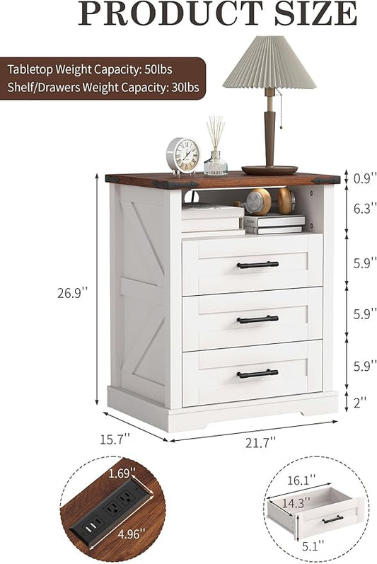 Suuiwau Farmhouse Nightstand with 3 Drawers and Open Storage Shelf, Modern Nightstand with Smart Human Sensor LED Light, Wood Bedside Table with Charging Station for Bedroom, Dorm, Office (White)