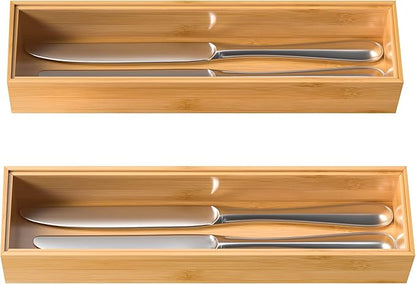Silverware Tray for Drawer, Stackable Kitchen Bamboo Drawer Organizer 12" x 3" x 2" Set of 2