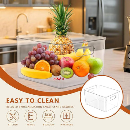 MOONEDGE Open Clear Plastic Storage Bins Stackable Organizer Containers with Handles for Kitchen, Pantry, Fridge, Cabinet, Closet Storage & Home Organization 6 Pack（11 x 8 x 6 in）