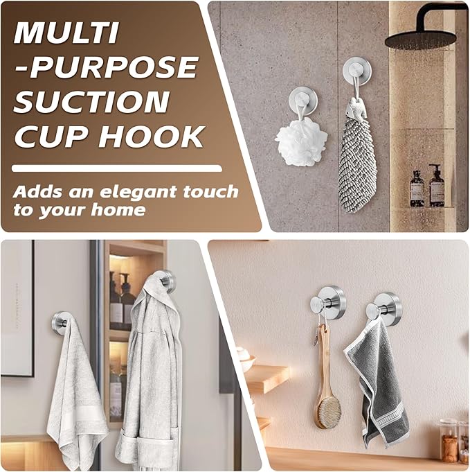 Supopular Reusable Heavy Duty Suction Cup Hooks for Kitchen/Bathroom/Shower - Wet-Proof Hooks for Towels, Robes, Loofah&Wreaths/No Drill Mounting on Glass, Tile, Metal (2, Brushed Nickel)