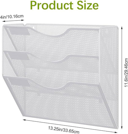 EasyPAG 3 Pocket Mesh Wall File Organizer, Hanging Paper Folder Holder with Classify Label, Vertical Wall Mount Mail Organizer for Office Home Classroom, White