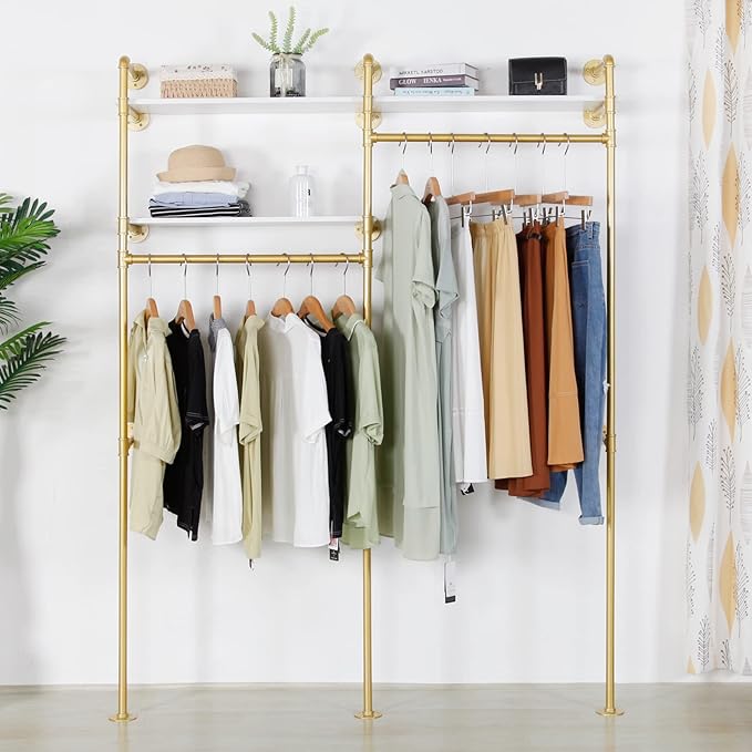 Gold Industrial Pipe Clothing Rack - Wall Mounted Clothes Rack with 2 Hanging Rods & 2 Tier Shelves, Closet Organizers and Storage for Shop, Retail Display, Bedroom, 79.5 x 59in