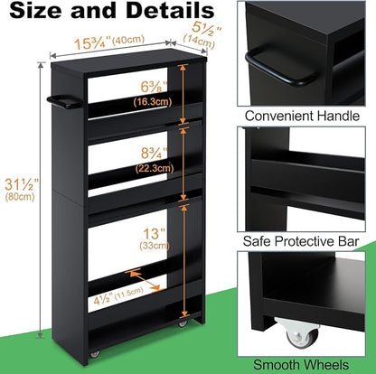 MARTY Slim Rolling Storage Cart 4-Tier Kitchen Cart with Wheels, Laundry Room Storage with Handle Slide Out Utility Cart Shelving Unit Organizer Trolley for Narrow Places Bathroom Small Corner, Black