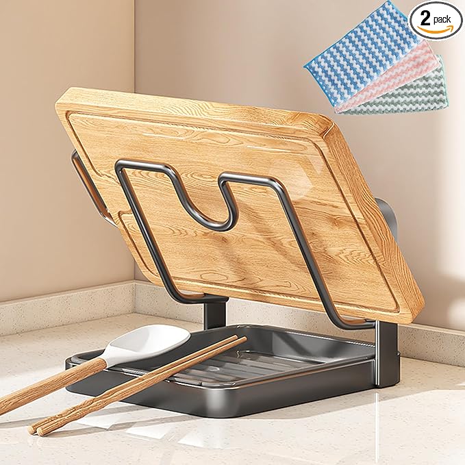 Pot Lid Holder While Cooking, 2026 Upgraded Kitchen Pot Lid Storage Rack, Double Layer Lid and Spoon Rest With Tray, Multifunctional Spatula Holder For Stovetop, Kitchen Counter (Single Layer-grey)