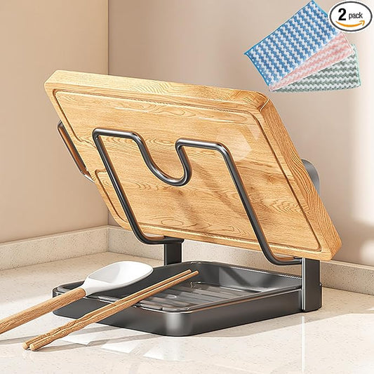Pot Lid Holder While Cooking, 2026 Upgraded Kitchen Pot Lid Storage Rack, Double Layer Lid and Spoon Rest With Tray, Multifunctional Spatula Holder For Stovetop, Kitchen Counter (Single Layer-grey)