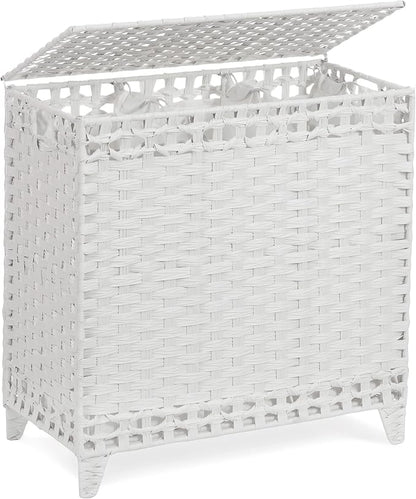 Laundry Hamper with 3 Removable Liner Bags; 132L Handwoven Rattan Laundry Basket with Lid & Heightened Feet; Clothes Hamper with Side Handles; Laundry Sorter with 3 Separate Sections (White)
