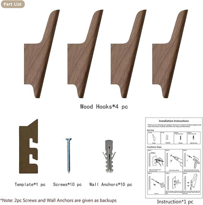 Wood Wall Hooks 4 Pack Coat Hooks Wall Mount Walnut Wooden Hooks for Hanging Hat, Bag, Backpack, Rustic Coat Hooks for Wall, Wood Towel Hooks for Bathrooms and Entryway Hooks (Walnut, Light)