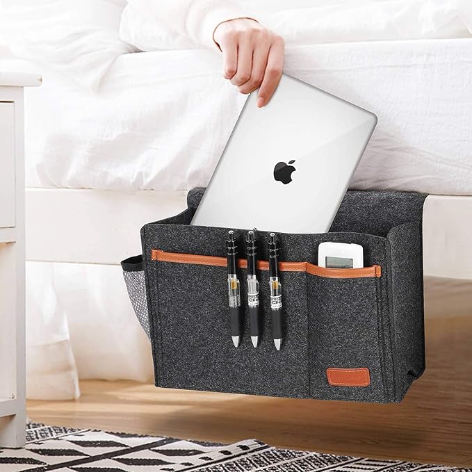 WantuSee Bedside Caddy, Bed Storage Organizer for Remote Controller, Books, Magzine, Laptop Holder, 12.4'' x 8.6'' inch Bedside Hanging Felt Storage Bag for Dorm Bed with 5 Pockets, Dark Gray