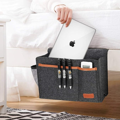 WantuSee Bedside Caddy, Bed Storage Organizer for Remote Controller, Books, Magzine, Laptop Holder, 12.4'' x 8.6'' inch Bedside Hanging Felt Storage Bag for Dorm Bed with 5 Pockets, Dark Gray