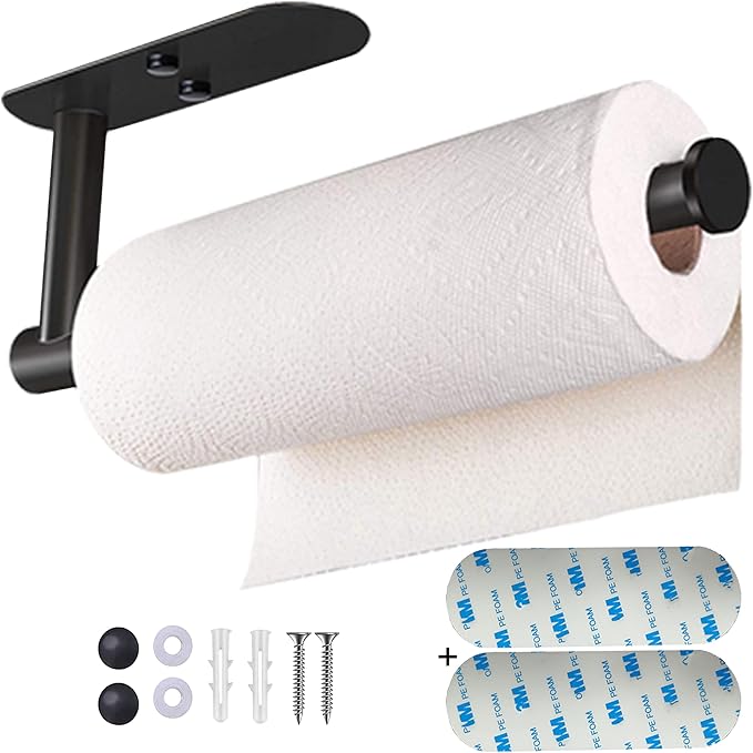 Upgraded Calegency Paper Towel Holder Under Cabinet, Wall Mounted Paper Towel Dispenser, Matte Black SUS304 Self-Adhesive and Drilling Optional Large Paper Towel Roll Holder for Bathroom, Kitchen, RV