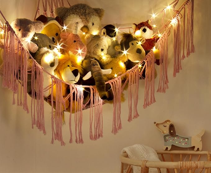 Stuffed Animal Hammock Corner Net with LED Light - Toy Storage Holder - Pink Cute Room Bedroom Decor for Teen Girls - Cute Bedroom Aesthetic Stuff for Baby Nursery Toddler Kids 8 - 10 - 12 Years Old