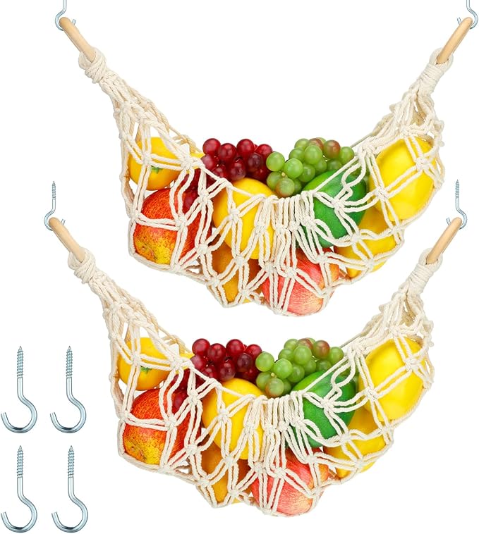 2 Pcs 11.8 x 20 Inch Large Macrame Fruit Hammock Under Cabinet Veggie Banana Hammock Hanging Fruit Basket Saves Counter Space for Kitchen Hand-woven Lace Hanging Basket for Kitchen(Novelty Style)