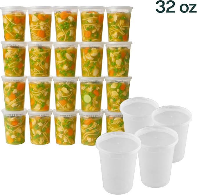 ProTakeOut 32oz [20 set] Heavy Duty Plastic Deli Container | BPA-Free Food Storage with Airtight Leak‑Proof Lids | Microwave, Freezer & Dishwasher Safe – Stackable, Bulk Reusable Soup & Meal Prep Tub