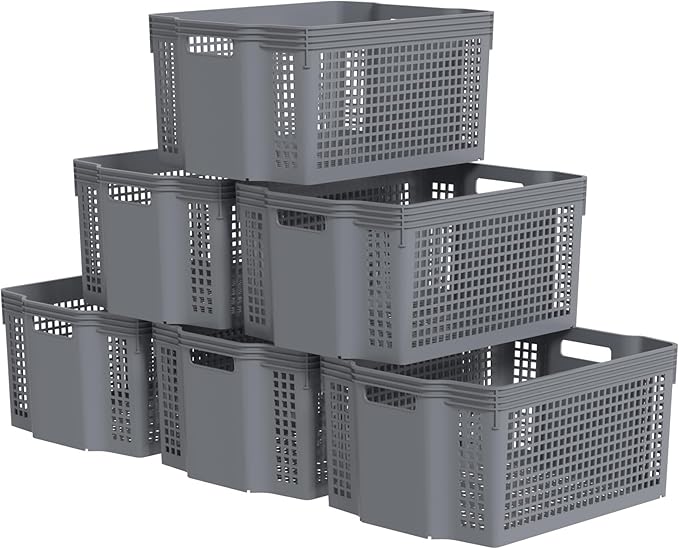 12-Pack Large Organization Basket, Pantry Storage Bins, Stackable Plastic Storage Basket for Organizing(Gray)