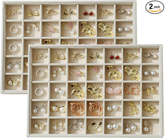 KATISYIO Large Velvet Jewelry Tray 2 Pack Stackable Jewelry Display Drawer Inserts Trays Organizer for Earring Bracelet Necklace Ring (Beige, 35 Grids)