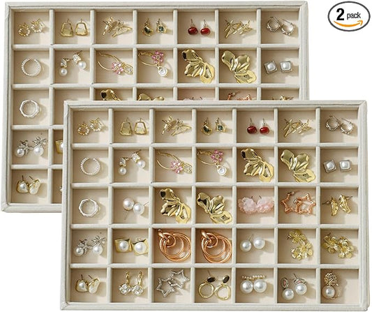 KATISYIO Large Velvet Jewelry Tray 2 Pack Stackable Jewelry Display Drawer Inserts Trays Organizer for Earring Bracelet Necklace Ring (Beige, 35 Grids)