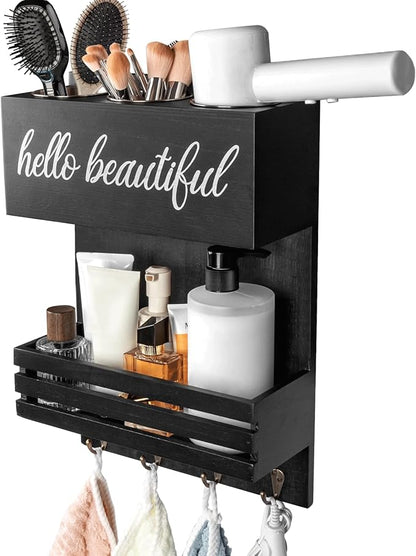 Cokritsm Wooden Hair Dryer Holder Wall-Mounted - 2 Tier Bathroom Storage Shelf Cosmetic & Hairdressing Tools Organizer for Bathroom Countertop/Vanity (Black)
