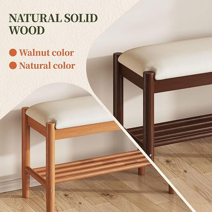 Solid Wood Shoe Bench with Cushion, 2-Tier Shoe Rack for Front Door Entrance, Enterway Benches with Shoe Storage (Natural, 23.6in)