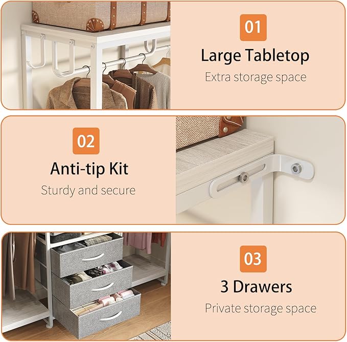 Garment Rack Heavy Duty Clothes Rack for Hanging Clothes, Freestanding Clothing Rack with 3 Fabric Drawers, Adjustable Closet Racks, Corner L Shaped Closet System Organizers, Gray & Light Wood Grain
