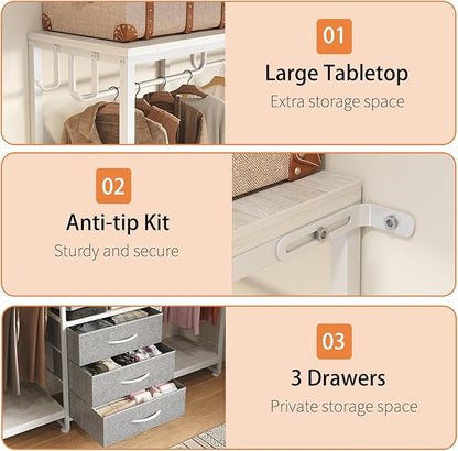 Garment Rack Heavy Duty Clothes Rack for Hanging Clothes, Freestanding Clothing Rack with 3 Fabric Drawers, Adjustable Closet Racks, Corner L Shaped Closet System Organizers, Gray & Light Wood Grain