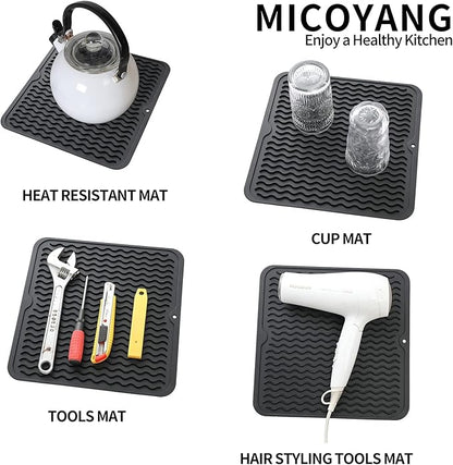 Silicone Dish Drying Mat for Multiple Usage,Easy clean,Eco-friendly,Heat-resistant Silicone Mat for Kitchen Counter or Sink,Refrigerator or Drawer liner Black M 12 inches x 12 inches