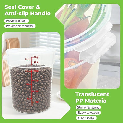 BIEAMA 4 Pack Round Food Storage Containers with Lids, 22Qt Large Translucent Food Container, Polypropylene, BPA Free, Includes Labels & Measuring Cups