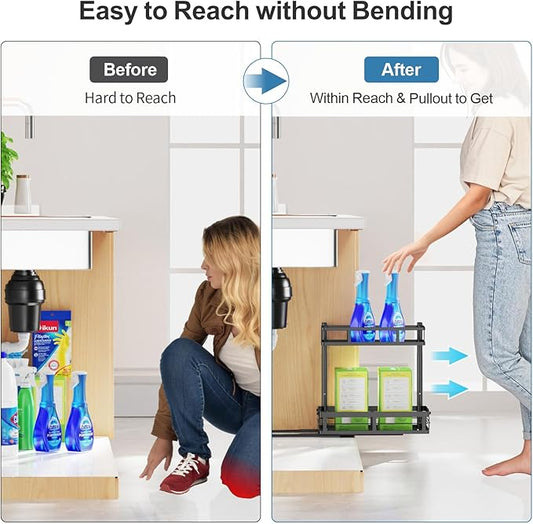 iSPECLE Under Kitchen Sink Organizer - 1 Pack Height Adjustable Pull Out Cabinet Organizer Fit Around Plumbing & Disposal, Heavy-Duty Undersink Storage Sliding Get Item for 30" - 36" Wide Sink Cabinet