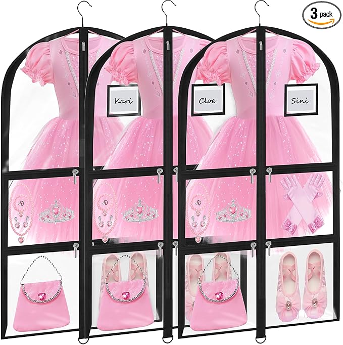 Garment Bags for Dance Costumes - 40 Inch Clear PVC with 5 Zipper Pockets (3 Pack) - Kids Dance Garment Bag for Dancers, Hanging Clothes Storage, Competitions & Travel (‎Clear Black)