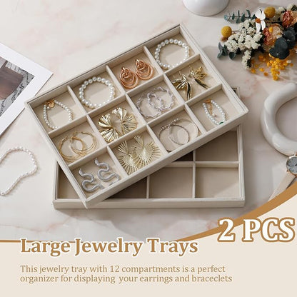 KATISYIO Large Velvet Jewelry Tray 2 Pack Stackable Jewelry Display Drawer Inserts Trays Organizer for Earring Bracelet Necklace Ring (Beige, 12 Grids)