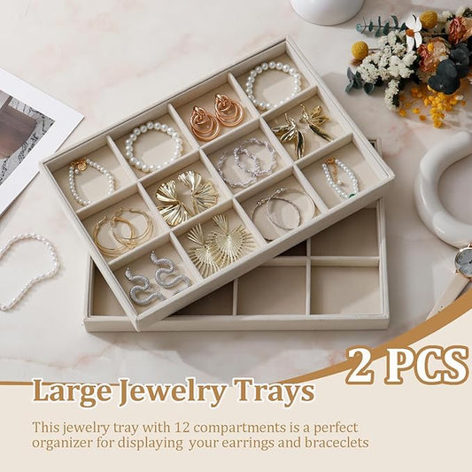 KATISYIO Large Velvet Jewelry Tray 2 Pack Stackable Jewelry Display Drawer Inserts Trays Organizer for Earring Bracelet Necklace Ring (Beige, 12 Grids)