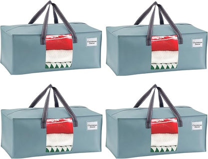 VENO 4 Pack Heavy Duty Moving Bags, Christmas Storage Bins with Lids, Transparent Window Design, Alternative to Moving Boxes, Storage Bags for Clothes, Blankets, Comforters (Light Blue Matte, 4 Pack)