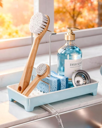 Caumic Minimalist Sink Caddy, Rustproof Sponge Holder for Kitchen Sink with 304 Stainless-Steel Brush Holder, Countertop Rack Organizer with Raised Ridges & Silicone Drain Tube (Pastel Blue)